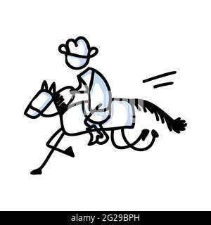 Black and white drawn stick figure of cowboy horseback rider clip art. Wild masculine stallion for monochrome folk icon sketchnote or illustrated Stock Vector