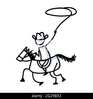 Black and white drawn stick figure of cowboy horseback rider clip art. Wild masculine stallion for monochrome folk icon sketchnote or illustrated Stock Vector