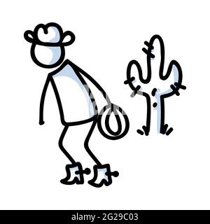 Black and white drawn stick figure of cowboy with lasso clip art. Wild masculine saguaro cactus for monochrome folk icon sketchnote or illustrated Stock Vector