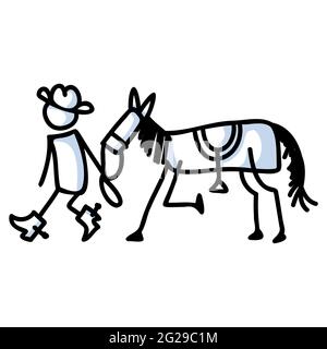 Black and white drawn stick figure of cowboy horse clip art. Wild masculine stallion for monochrome folk icon sketchnote or illustrated scrapbook Stock Vector