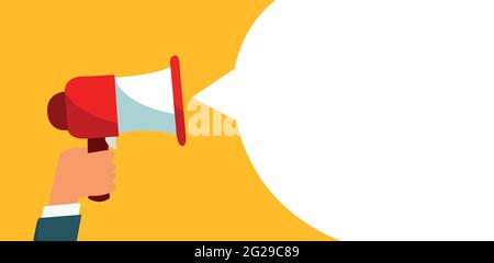 Speech bubbles announced by megaphone. Male hand holding megaphone. Banner for advertising. Stock Vector