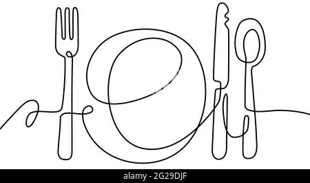 Hand drawn plate, spoon, fork and knife Continuous one line drawing. Contour Cutlery Background. Vector illustration Stock Vector
