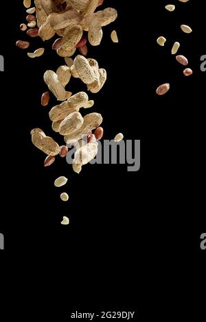 Realistic freeze motion of flying peanuts on black background. Stock Photo