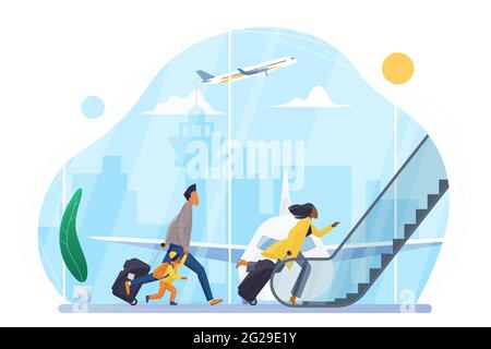 People hurry to board airplane in airport vector illustration. Cartoon family characters with suitcases run to escalator of departure hall terminal, passengers late for boarding isolated on white Stock Vector