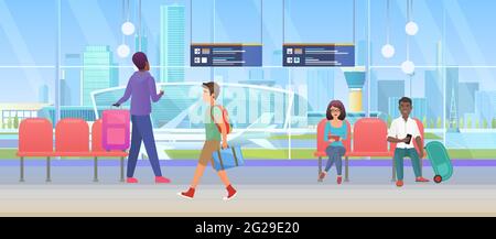 Airport arrival waiting room or international departure lounge with people tourists vector illustration. Cartoon man woman passenger characters wait to fly by plane, sitting in chairs background Stock Vector