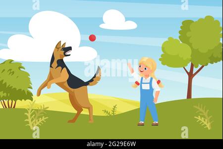 Happy girl playing fun game with dog in playground or summer nature park vector illustration. Cartoon cute kid character training puppy pet outdoor, animal pet friend jumping catching ball background Stock Vector