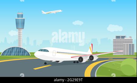 Airplane taking off from airport runway, passenger aircraft takeoff illustration. Cartoon landscape airport view with aeroplane on airfield, control traffic tower, city building silhouettes background Stock Vector