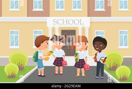 Happy kids in front of school building entrance, funny diverse group of students standing together vector illustration. Cartoon little girl boy child friend characters holding school bag and apple Stock Vector