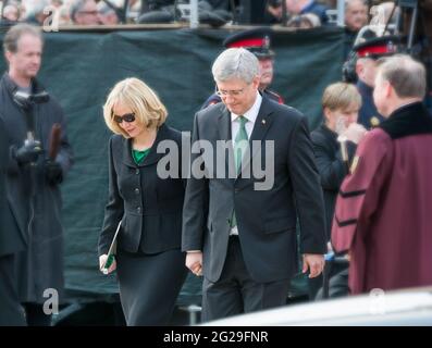 Stephen Harper and his wife Laureen Harper waiting and getting to their car after the service is done.Scenes of the State Funeral for Jim Flaherty, fo Stock Photo