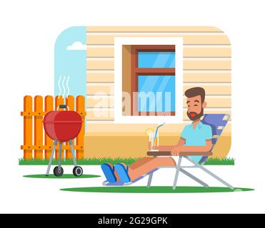 Vector illustration of man cooking barbecue and having rest. Stock Vector