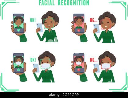 A set of Black business women doing facial recognition on their phones.It's vector art so easy to edit. Stock Vector