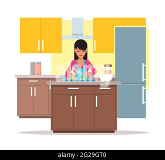 Vector illustration of woman cooking salad, slicing cucumber, flat design Stock Vector