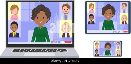 A set of Black business women having an online meeting. A set of laptop, tablet and smartphone.It's vector art so easy to edit. Stock Vector