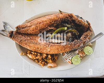 Fried fish. fried smooth fish. Mullet, Flat-headed mullet. Mullet. mullet fish, serrano peppers, lemons,. sea food. Seafood , Food, food, Meals, food. Stock Photo