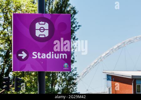 Wembley Stadium, Wembley Park, UK. 9th June 2021.  Signs around Wembley directing drivers to Wembley Stadium ahead of UEFA European Football Championship. Postponed by a year as the Coronavirus pandemic hit worldwide in 2020, the tournament starts on 11th June 2021, with Wembley Stadium hosting it's first match, England v Croatia, on 13th June 2021. Amanda Rose/Alamy Live News Stock Photo