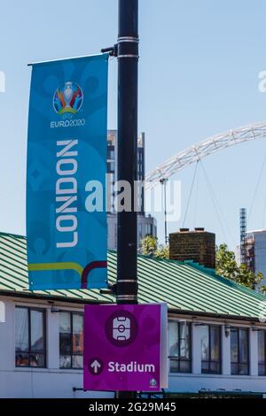 Wembley Stadium, Wembley Park, UK. 9th June 2021.  Signs around Wembley directing drivers to Wembley Stadium ahead of UEFA European Football Championship. Postponed by a year as the Coronavirus pandemic hit worldwide in 2020, the tournament starts on 11th June 2021, with Wembley Stadium hosting it's first match, England v Croatia, on 13th June 2021. Amanda Rose/Alamy Live News Stock Photo