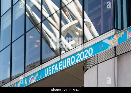 Wembley Stadium, Wembley Park, UK. 9th June 2021.  Signs around Wembley ahead of UEFA European Football Championship. Postponed by a year as the Coronavirus pandemic hit worldwide in 2020, the tournament starts on 11th June 2021, with Wembley Stadium hosting it's first match, England v Croatia, on 13th June 2021. Amanda Rose/Alamy Live News Stock Photo