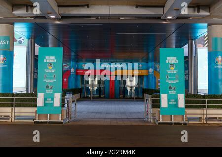 Wembley Stadium, Wembley Park, UK. 9th June 2021.    Hand sanitising stations in front of Wembley Stadium main entrance ahead of UEFA European Football Championship.  Postponed by a year as the Coronavirus pandemic hit worldwide in 2020, the tournament starts on 11th June 2021, with Wembley Stadium hosting it's first match, England v Croatia, on 13th June 2021. Amanda Rose/Alamy Live News Stock Photo