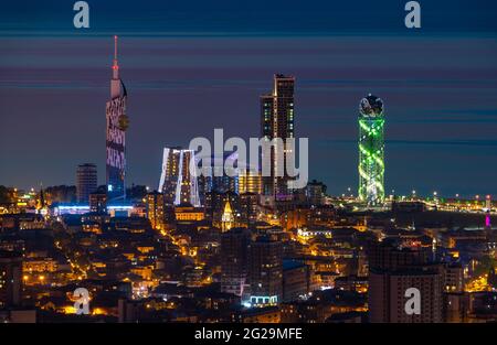 A picture of the city of Batumi at night, as seen from afar. Stock Photo