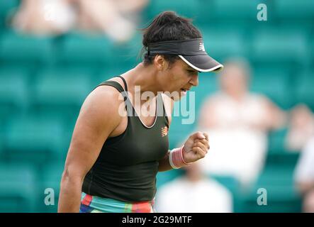 Great Britain's Heather Watson reacts in a match against Tara Moore during day five of the Viking Open at Nottingham Tennis Centre. Picture date: Wednesday June 9, 2021. Stock Photo