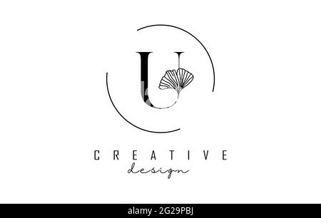 Letter T logo design with uppercase, leaf detail and circle frame. Vector Illustration with Botanical elements. Nature template with U letter for pers Stock Vector