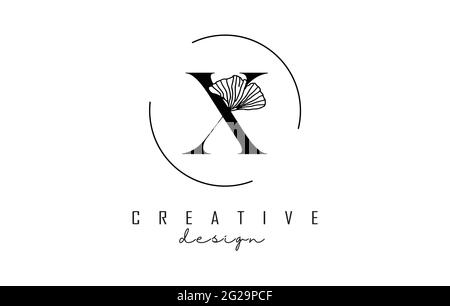 Letter X logo design with uppercase, leaf detail and circle frame. Vector Illustration with Botanical elements. Nature template with X letter for pers Stock Vector