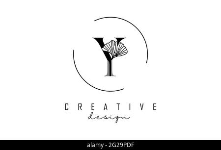 Letter Y logo design with uppercase, leaf detail and circle frame. Vector Illustration with Botanical elements. Nature template with Y letter for pers Stock Vector