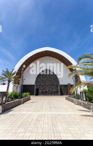 Catholic Church in Playa del Ingles, Maspalomas, Gran Canaria, Canary Islands, Spain on a hot summer day. Stock Photo