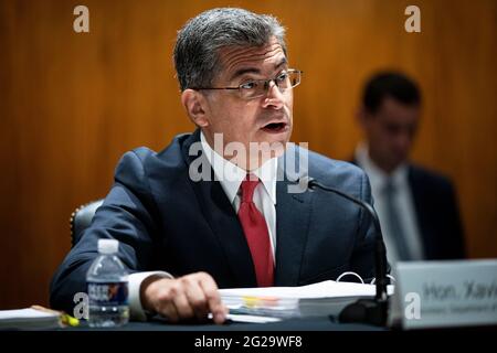 Washington, USA. 09th June, 2021. Xavier Becerra, secretary of Health and Human Services (HHS), speaks during a Senate Appropriations Subcommittee hearing in Washington, DC, U.S., on Wednesday, June 9, 2021. The hearing is titled 'The President's Fiscal Year 2022 Budget Request for the U.S. Department of HHS.' (Photo by Al Drago/Pool/Sipa USA) Credit: Sipa USA/Alamy Live News Stock Photo