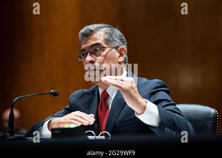 Washington, USA. 09th June, 2021. Xavier Becerra, secretary of Health and Human Services (HHS), speaks during a Senate Appropriations Subcommittee hearing in Washington, DC, U.S., on Wednesday, June 9, 2021. The hearing is titled 'The President's Fiscal Year 2022 Budget Request for the U.S. Department of HHS.' (Photo by Al Drago/Pool/Sipa USA) Credit: Sipa USA/Alamy Live News Stock Photo