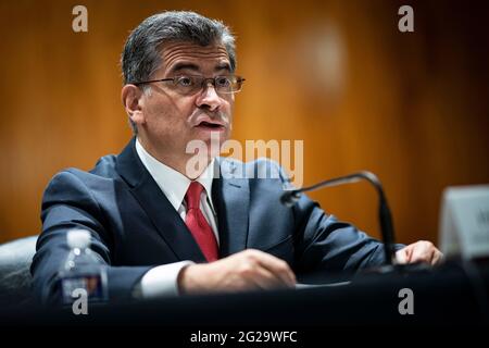 Washington, USA. 09th June, 2021. Xavier Becerra, secretary of Health and Human Services (HHS), speaks during a Senate Appropriations Subcommittee hearing in Washington, DC, U.S., on Wednesday, June 9, 2021. The hearing is titled 'The President's Fiscal Year 2022 Budget Request for the U.S. Department of HHS.' (Photo by Al Drago/Pool/Sipa USA) Credit: Sipa USA/Alamy Live News Stock Photo