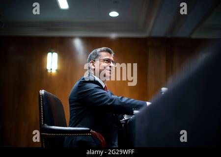 Washington, USA. 09th June, 2021. Xavier Becerra, secretary of Health and Human Services (HHS), speaks during a Senate Appropriations Subcommittee hearing in Washington, DC, U.S., on Wednesday, June 9, 2021. The hearing is titled 'The President's Fiscal Year 2022 Budget Request for the U.S. Department of HHS.' (Photo by Al Drago/Pool/Sipa USA) Credit: Sipa USA/Alamy Live News Stock Photo