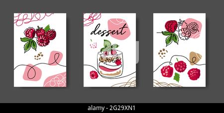 Raspberry dessert poster, illustrations set for cafe or kitchen. Minimal one continuous line design. Wall line art decoration with text dessert Stock Vector