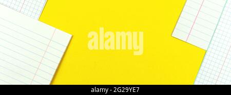 Banner school education with blank pages of checkered and lined blank paged of school notebook or biary, copy space Stock Photo