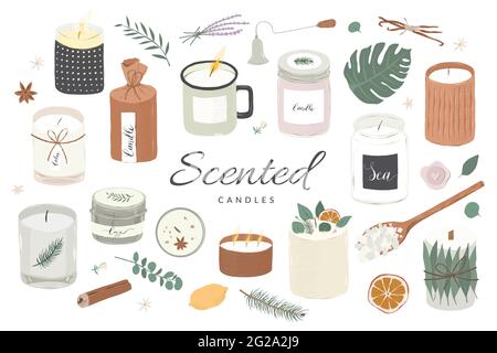 Collection of modern scented candles made of soy and coconut wax, essential oils, various craft design handmade candles in glass jars. Home Stock Vector