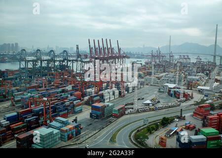 Hong Kong - January 18, 2016: Containers at Hong Kong commercial port in Hong Kong, China. Stock Photo