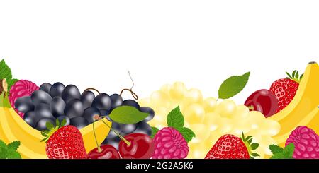 Banner with place for text and with a set of realistic exotic and garden fruits and berries. Farm market product. Sale poster template. Agriculture Stock Vector