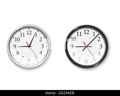 Black and white Wall clock set in realistic style on white background. Stock Vector