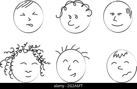 Cute outline six people faces different emotions. Stock Vector