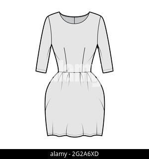 Dress bell technical fashion illustration with elbow sleeves, fitted body, mini length pencil skirt. Flat apparel front, grey color style. Women, men unisex CAD mockup Stock Vector