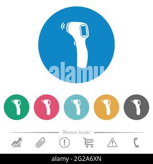 Contactless thermometer flat white icons on round color backgrounds. 6 bonus icons included. Stock Vector