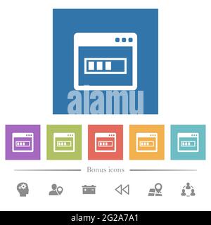 Application installing flat white icons in square backgrounds. 6 bonus icons included. Stock Vector