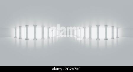 full 360 degree panorama view environment map of empty white hall with columns 3d render illustration hdri hdr vr style Stock Photo