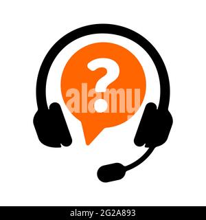 Customer support symbol with headphones and question mark isolated on white background. Call center sign. Hotline icon. Telemarketing concept. Vector flat illustration. Stock Vector