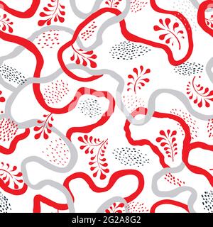 Floral dotted seamless pattern with leaves. Ornamental drawn background. Abstract backdrop with chaotic flowing wriggling lines, dots and leaves Stock Vector