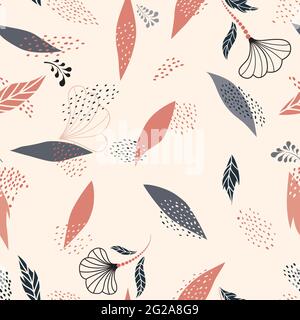 Floral dotted seamless pattern with autumnal leaves and flowers. Fall nature ornamental drawn texture. Flourish garden abstract backdrop with chaotic Stock Vector