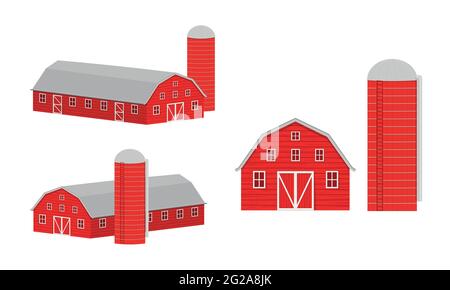 Wooden barn and silo for grain storage front and isometric view. Red farm warehouse building and container for wheat seeds isolated on white background. Vector cartoon illustration. Stock Vector