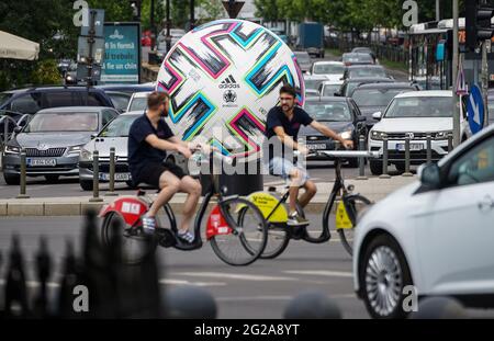 Bucharest, Romania - June 06, 2021: An official giant UEFA EURO 2020 match ball is presented in a large intersection of Bucharest. Stock Photo