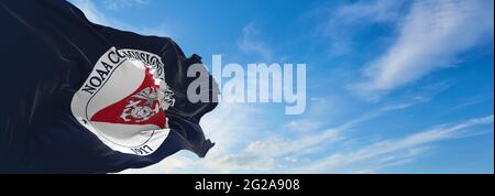 flag of National Oceanic and Atmospheric Administration Commissioned Officer Corps waving in the wind. USA National defence. Copy space. 3d illustrati Stock Photo