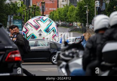 Bucharest, Romania - June 06, 2021: An official giant UEFA EURO 2020 match ball is presented in a large intersection of Bucharest. Stock Photo